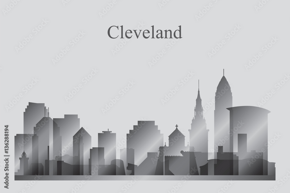 Cleveland city skyline silhouette in grayscale