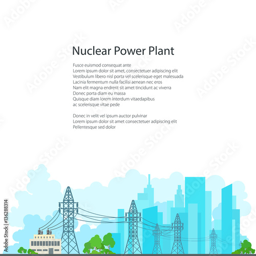 High Voltage Power Lines Supplies Electricity to the City, Electric Power Transmission on White Background and Text, Poster Brochure Flyer Design, Vector Illustration