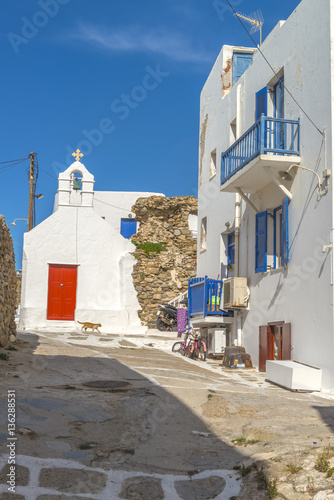 Traditional white houses at the narrow streets of Mykonos, Cycla