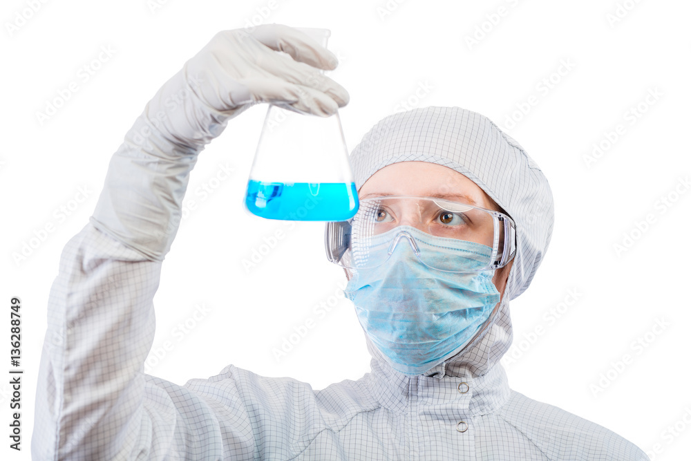 Biologist exploring a dangerous virus in protective suit on a wh Biologist exploring a dangerous virus in protective suit on a wh