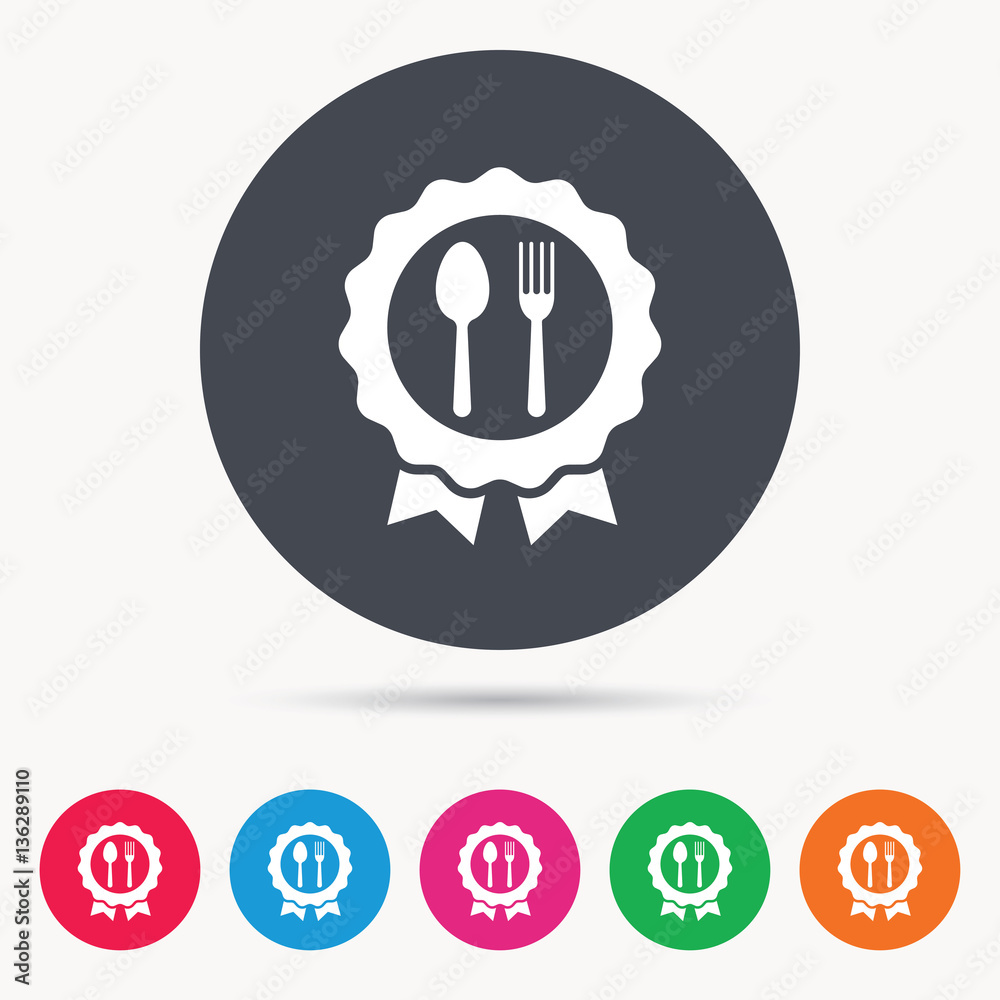 Award medal icon. Food winner emblem symbol. Fork and spoon signs. Colored circle buttons with flat web icon. Vector Award medal icon. Food winner emblem symbol. Fork and spoon signs. Colored circle buttons with flat web icon. Vector