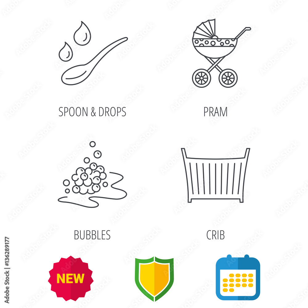 Pram carriage, spoon and drops icons. Bubbles, crib bed linear signs. Shield protection, calendar and new tag web icons. Vector Pram carriage, spoon and drops icons. Bubbles, crib bed linear signs. Shield protection, calendar and new tag web icons. Vector
