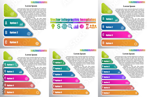 Set of triangle pyramid infographic templates same style with 3-7 steps. Parts of the chart  with icons and numerate letters. For presentation and design concept. Vector illustration.