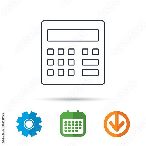 Calculator icon. Accounting sign. Balance calculation symbol. Calendar, cogwheel and download arrow signs. Colored flat web icons. Vector