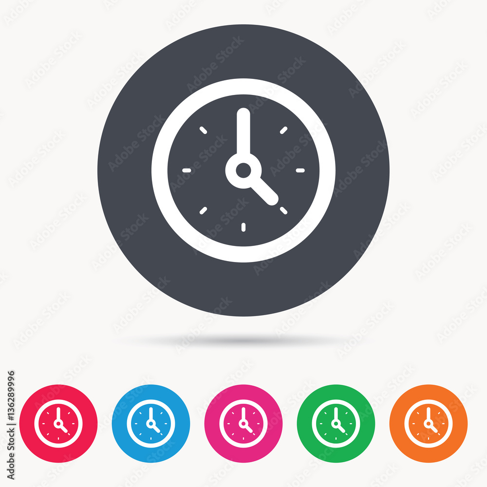 Clock icon. Mechanical watch symbol. Colored circle buttons with flat web icon. Vector Clock icon. Mechanical watch symbol. Colored circle buttons with flat web icon. Vector