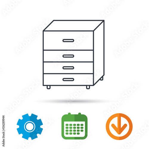 Chest of drawers icon. Interior commode sign. Calendar, cogwheel and download arrow signs. Colored flat web icons. Vector