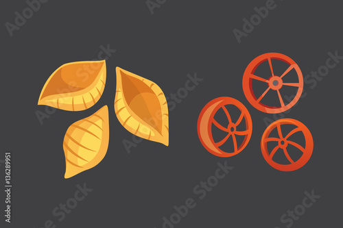 Vector set Italian pasta in cartoon style. Different types and shapes of macaroni with. Ravioli, spaghetti, tortiglioni illustration photo