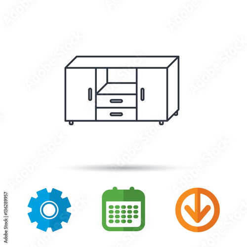 Chest of drawers icon. Interior commode sign. Calendar, cogwheel and download arrow signs. Colored flat web icons. Vector