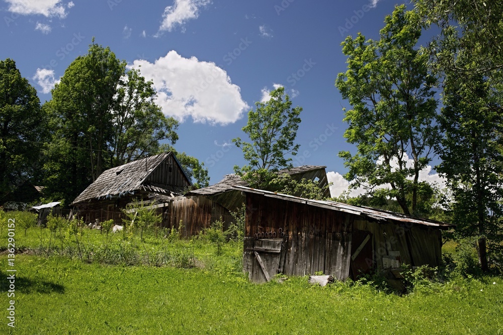 Europe, country Slovakia, region of Liptov, mountain village Velke Borove. Kvacianska and Prosiecka valley. Old wooden houses on the mountain meadows Europe, country Slovakia, region of Liptov, mountain village Velke Borove. Kvacianska and Prosiecka valley. Old wooden houses on the mountain meadows