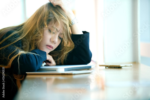 boring day business young woman working ,sleepy, tired, overwork