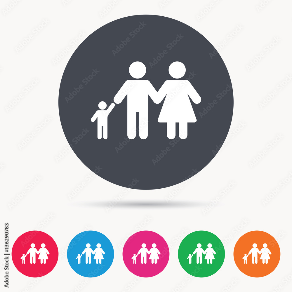 Family icon. Father, mother and child symbol. Colored circle buttons with flat web icon. Vector Family icon. Father, mother and child symbol. Colored circle buttons with flat web icon. Vector