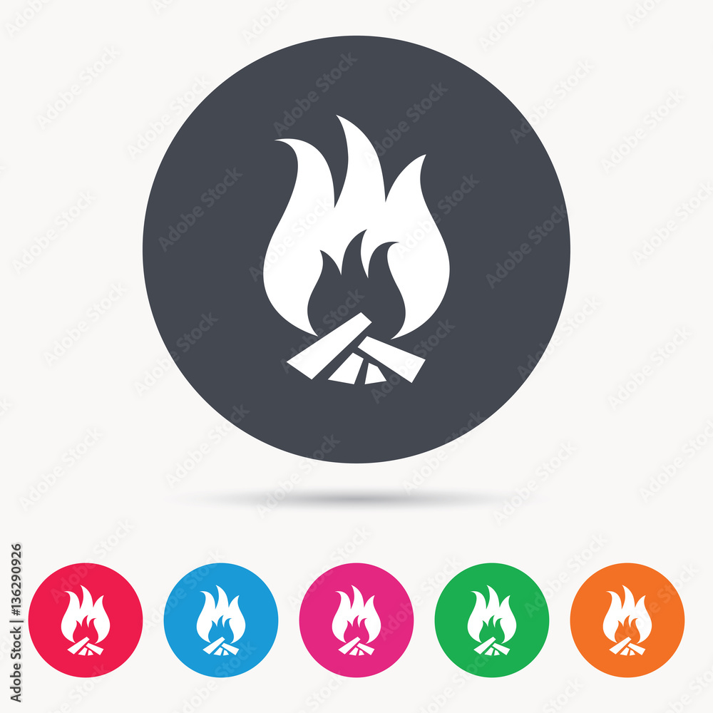 Fire icon. Blazing bonfire flame symbol. Colored circle buttons with flat web icon. Vector