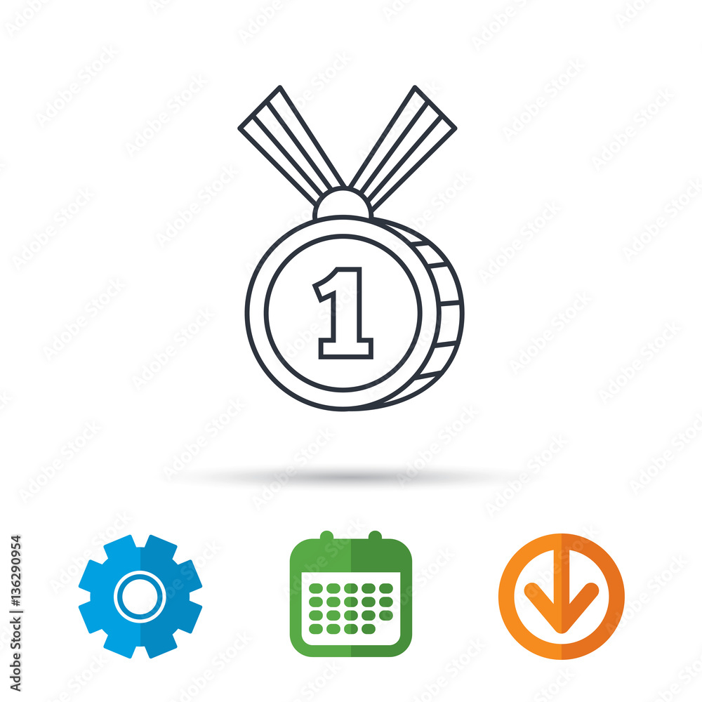 Gold medal award icon. First place sign. Winner symbol. Calendar, cogwheel and download arrow signs. Colored flat web icons. Vector Gold medal award icon. First place sign. Winner symbol. Calendar, cogwheel and download arrow signs. Colored flat web icons. Vector