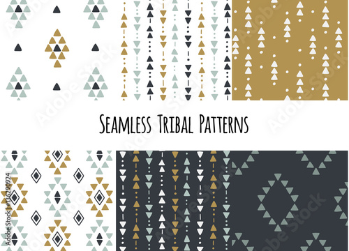 Set of modern seamless hand drawn geometric tribal patterns. Vector navajo design.