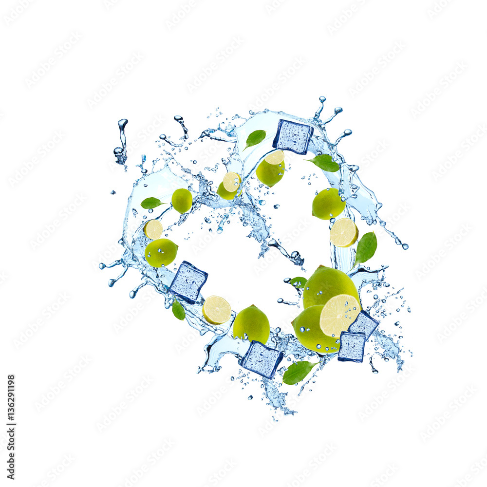 Fototapeta premium Splash with lime isolated on white background. Abstract water with fresh fruits.