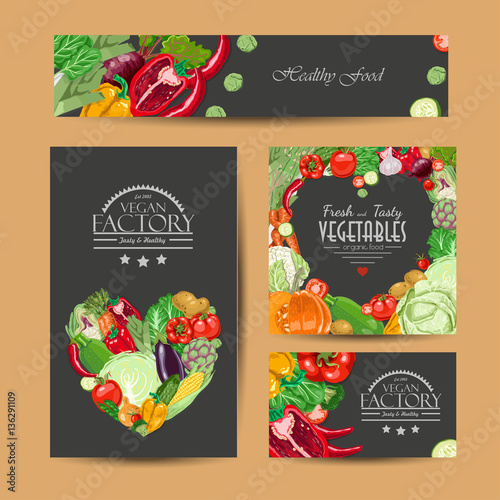 Set of vector cards with fresh and healthy vegetables