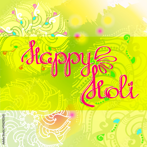 Happy Holi card with hand drawn words.
