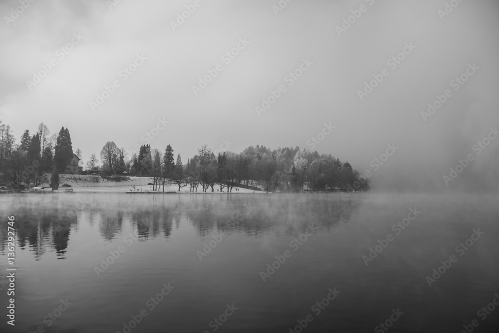 Fototapeta premium Island surrounded by fog reflecting in the water during the winter, lake Bled, Slovenia