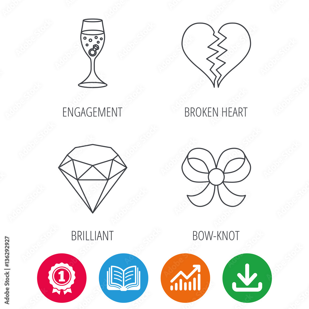 Broken heart, brilliant and engagement ring icons. Bow-knot linear sign. Award medal, growth chart and opened book web icons. Download arrow. Vector Broken heart, brilliant and engagement ring icons. Bow-knot linear sign. Award medal, growth chart and opened book web icons. Download arrow. Vector