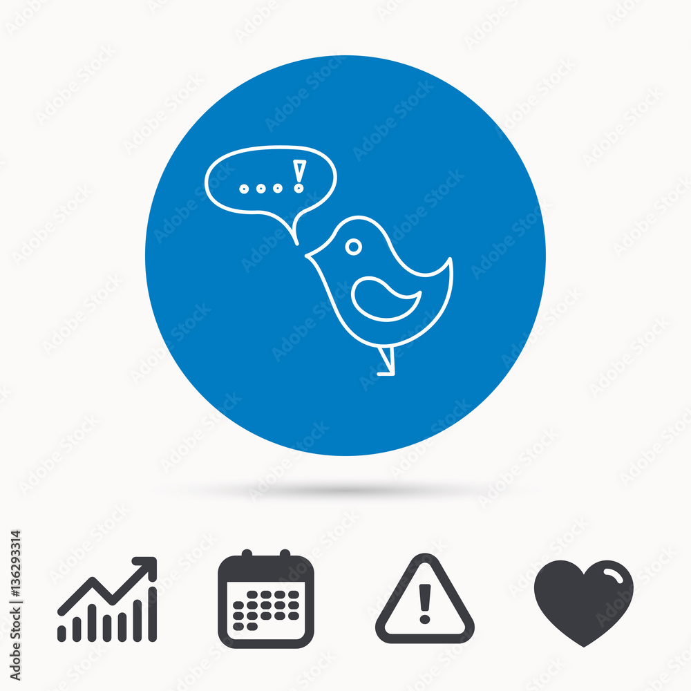 Bird with speech bubble icon. Chat talk sign. Cute small fowl symbol. Calendar, attention sign and growth chart. Button with web icon. Vector Bird with speech bubble icon. Chat talk sign. Cute small fowl symbol. Calendar, attention sign and growth chart. Button with web icon. Vector