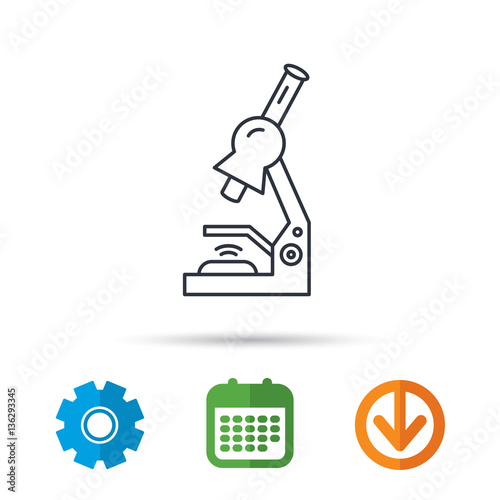 Microscope icon. Medical laboratory equipment sign. Pathology or scientific symbol. Calendar, cogwheel and download arrow signs. Colored flat web icons. Vector
