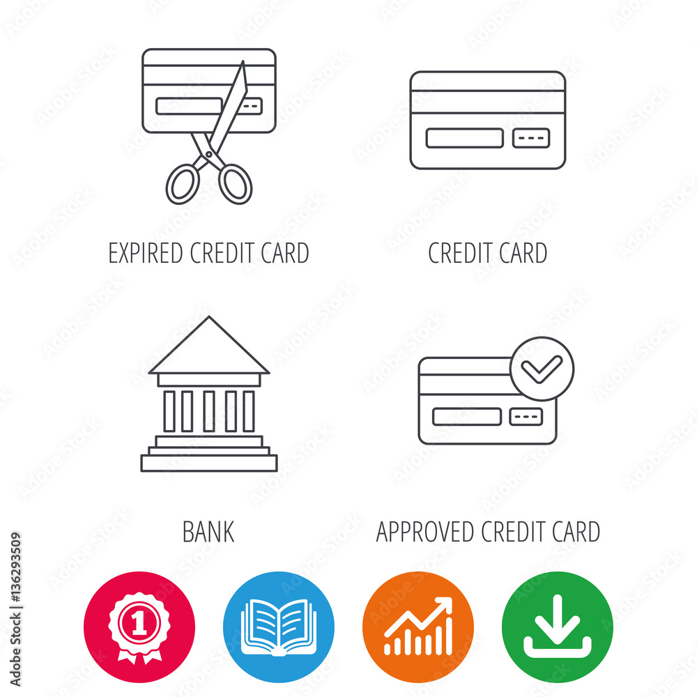 Bank credit card, approved card icons. Expired credit card linear sign ...
