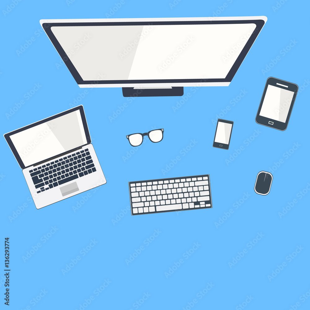Top view of working place elements over table with computer Top view of working place elements over table with computer