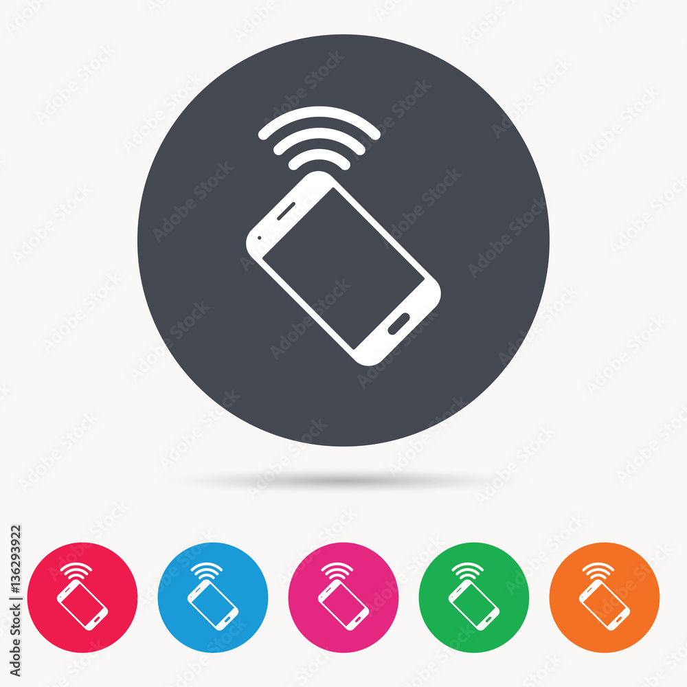 Cellphone icon. Mobile phone communication symbol. Colored circle buttons with flat web icon. Vector