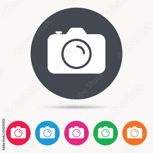 Camera icon. Professional photocamera symbol. Colored circle buttons with flat web icon. Vector