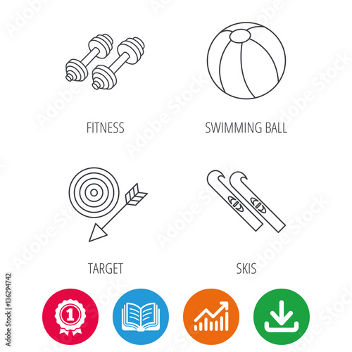 Sport fitness, swimming ball and skis icons. Target with arrow linear sign. Award medal, growth chart and opened book web icons. Download arrow. Vector