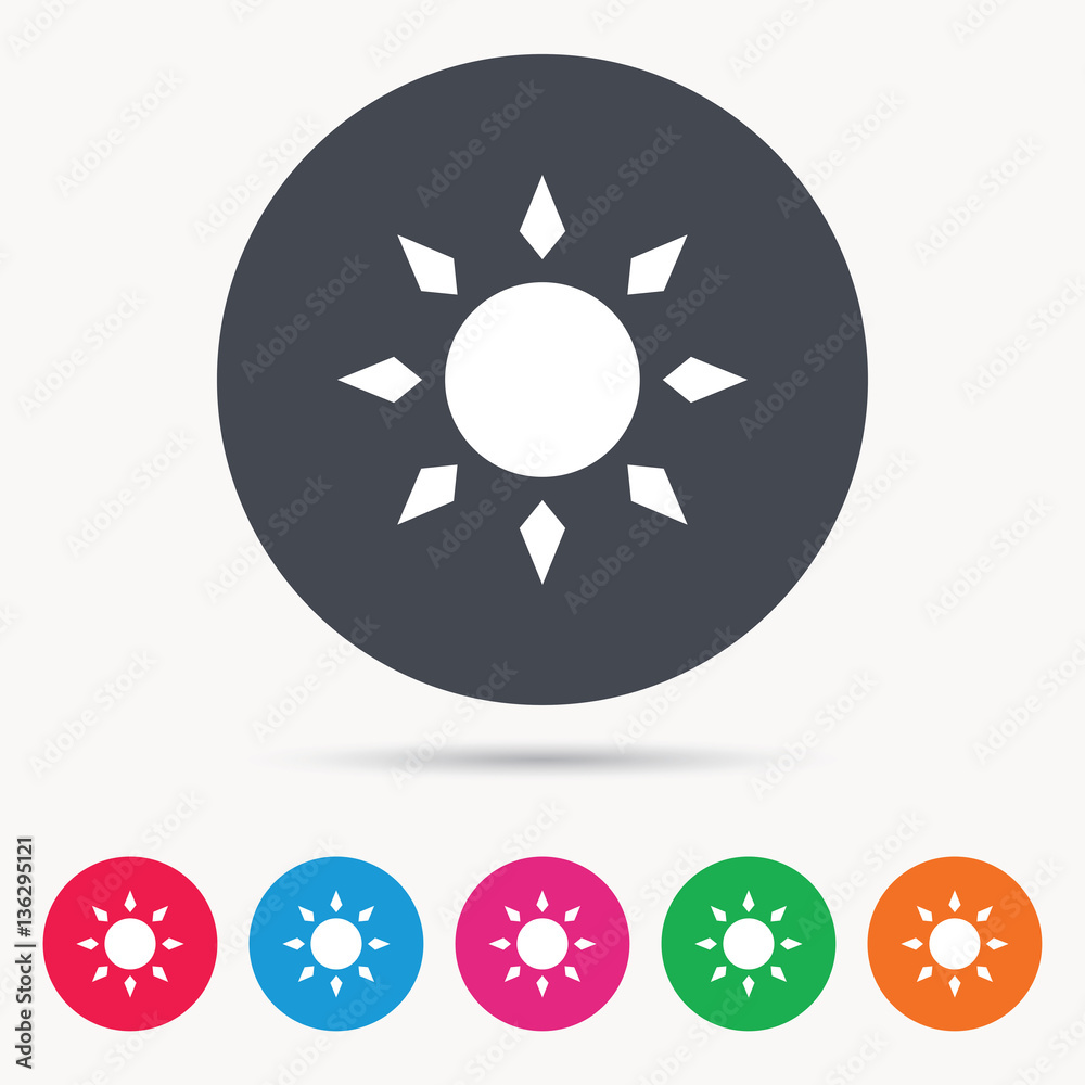 Sun icon. Sunny weather symbol. Colored circle buttons with flat web icon. Vector Sun icon. Sunny weather symbol. Colored circle buttons with flat web icon. Vector