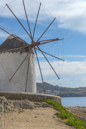The famous windmills at the port of Mykonos, Cyclades, Greece du