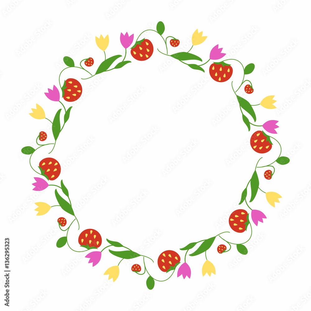Round frame of flowers and strawberries. Simple spring decoration of the plant elements in a flat style. Berries and tulips.