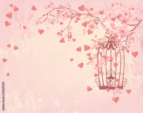 bird cage among hearts, pink flowers and tree branches - valenti