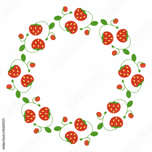 Elegant round frame of strawberries. Simple spring decoration of the plant elements in a flat style.