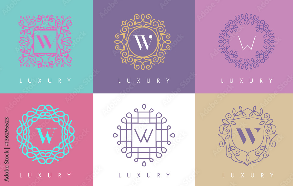 W Letter Pastel Floral Monogram Lines Logo Design.