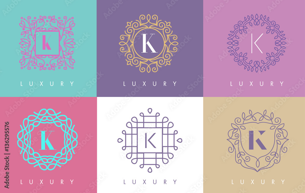 K Letter Pastel Floral Monogram Lines Logo Design.