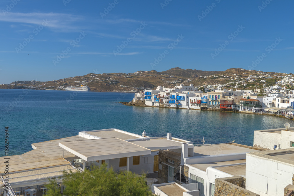 Panoramic view of the little Venice in Mykonos, Cyclades, Greece