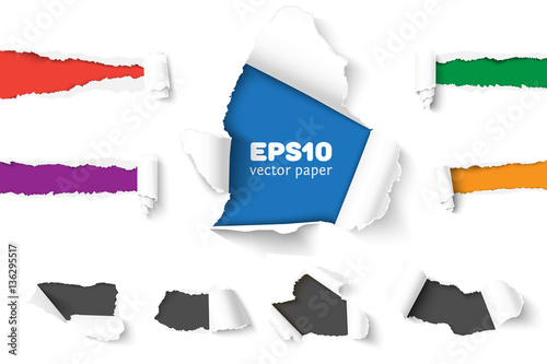 Set of holes in white paper with torn sides over different color paper background with space for text. Realistic vector torn paper with ripped edges.