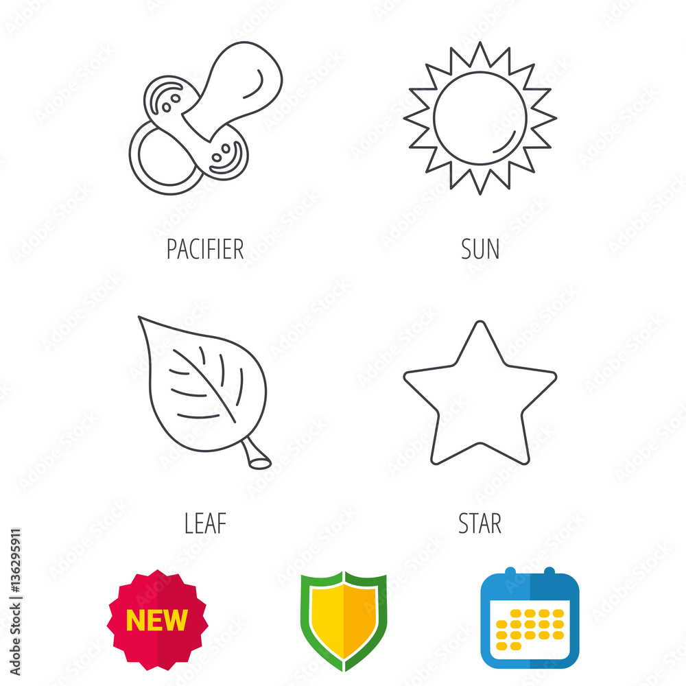 Leaf, star and sun icons. Pacifier linear sign. Shield protection, calendar and new tag web icons. Vector Leaf, star and sun icons. Pacifier linear sign. Shield protection, calendar and new tag web icons. Vector