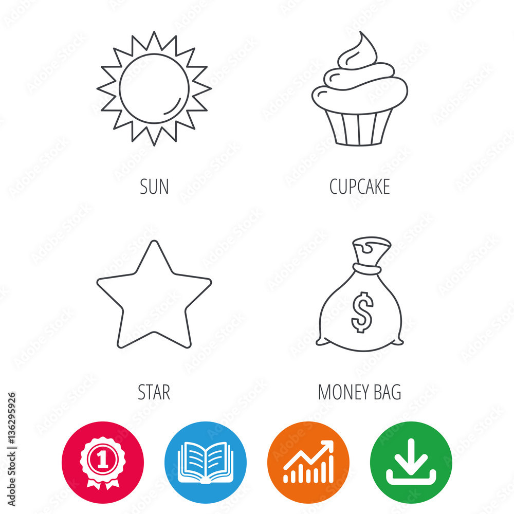 Sun, star and cupcake icons. Money bag linear sign. Award medal, growth chart and opened book web icons. Download arrow. Vector
