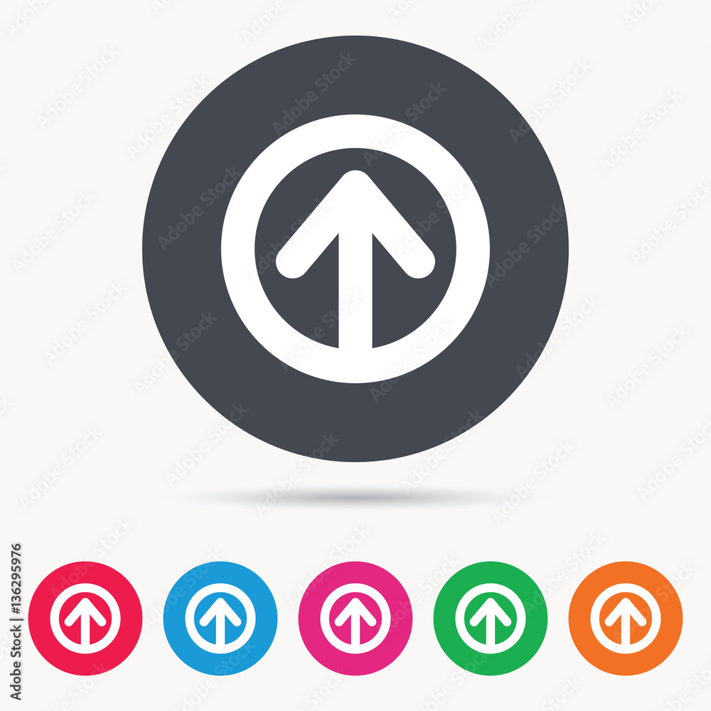 Upload icon. Load internet data symbol. Colored circle buttons with flat web icon. Vector