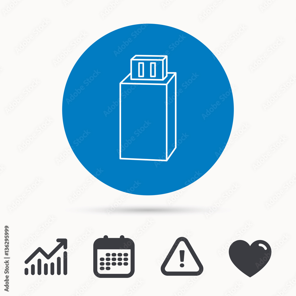 USB drive icon. Flash stick sign. Mobile data storage symbol. Calendar, attention sign and growth chart. Button with web icon. Vector USB drive icon. Flash stick sign. Mobile data storage symbol. Calendar, attention sign and growth chart. Button with web icon. Vector