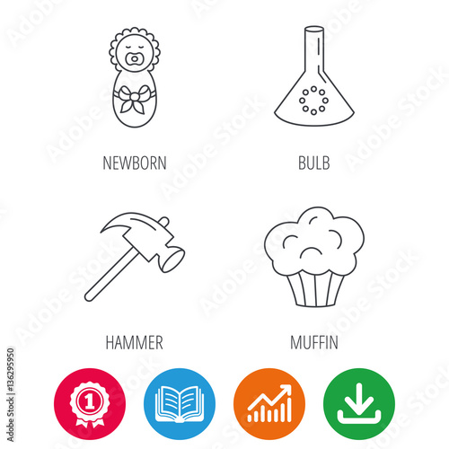 Newborn  muffin and lab bulb icons. Hammer linear sign. Award medal  growth chart and opened book web icons. Download arrow. Vector