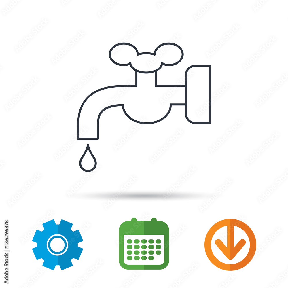 Water supply icon. Crane or Faucet with drop sign. Calendar, cogwheel and download arrow signs. Colored flat web icons. Vector Water supply icon. Crane or Faucet with drop sign. Calendar, cogwheel and download arrow signs. Colored flat web icons. Vector