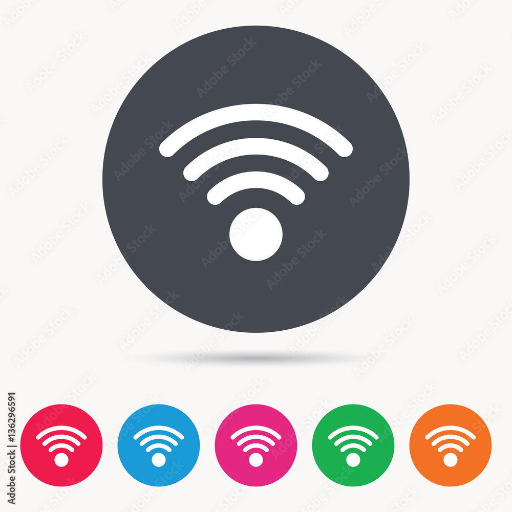 Wifi icon. Wireless internet sign. Communication technology symbol. Colored circle buttons with flat web icon. Vector Wifi icon. Wireless internet sign. Communication technology symbol. Colored circle buttons with flat web icon. Vector