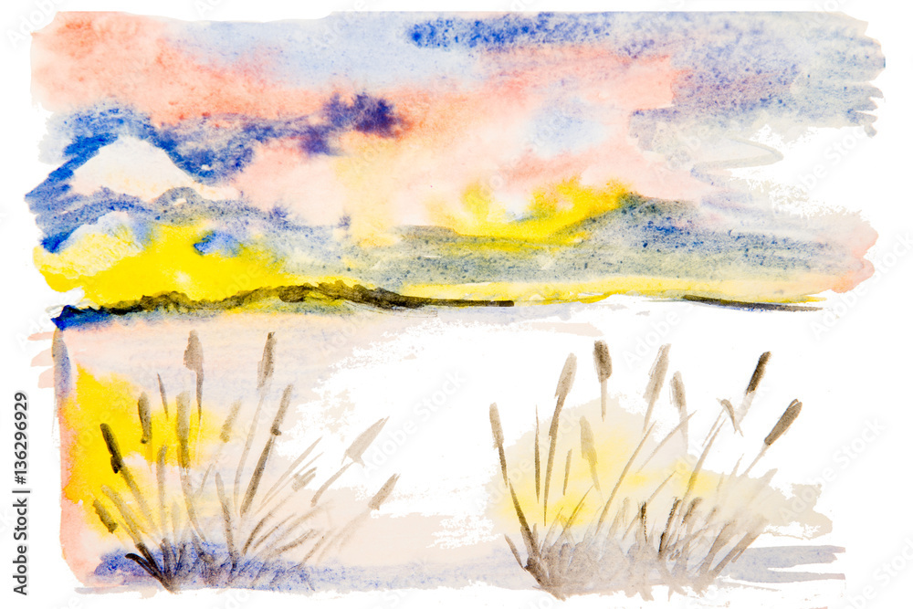 watercolor landscape sunset on the lake