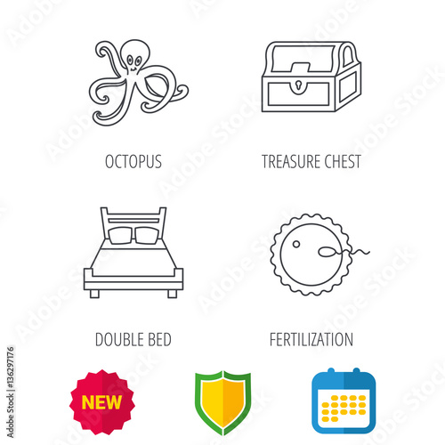 Fertilization, double bed and octopus icons. Treasure chest linear signs. Shield protection, calendar and new tag web icons. Vector