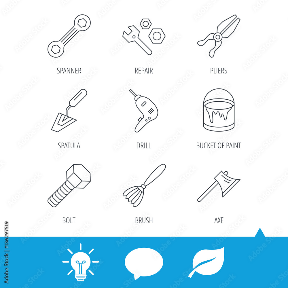 Spanner repair tool, spatula and bolt icons. Bucket of paint, axe and brush linear signs. Drill, pliers flat line icons. Light bulb, speech bubble and leaf web icons. Vector Spanner repair tool, spatula and bolt icons. Bucket of paint, axe and brush linear signs. Drill, pliers flat line icons. Light bulb, speech bubble and leaf web icons. Vector