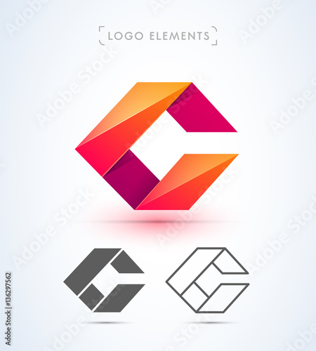 Abstract letter C in origami paper and material design style.